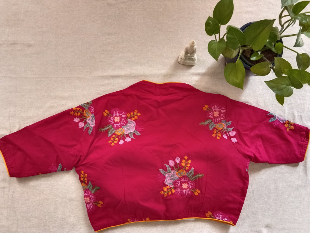 Red Cotton Cross-Stitch Embroidered Elbow-Sleeve Blouse