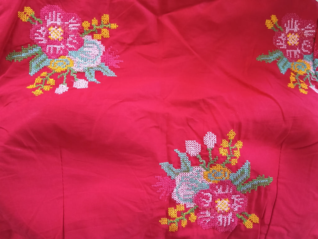 Red Cotton Cross-Stitch Embroidered Elbow-Sleeve Blouse