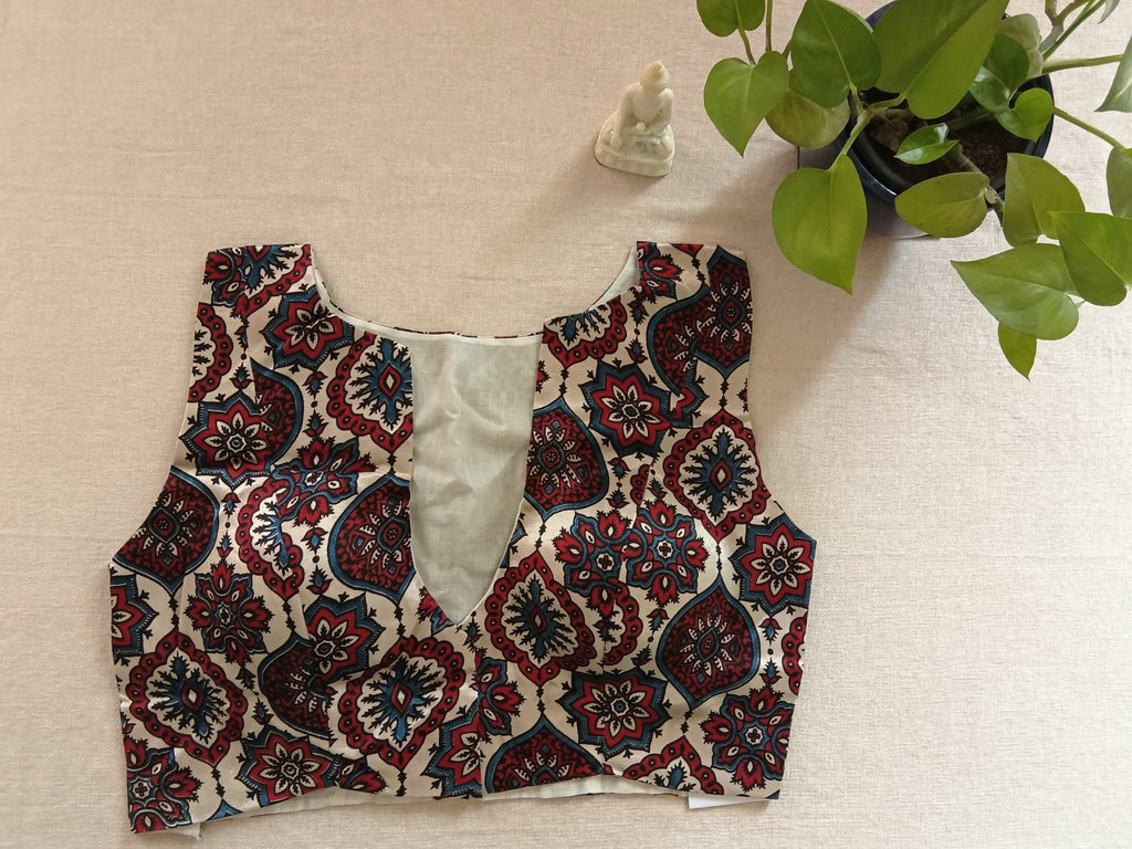 White Modal Silk Ajrakh-Print Sleeveless Blouse