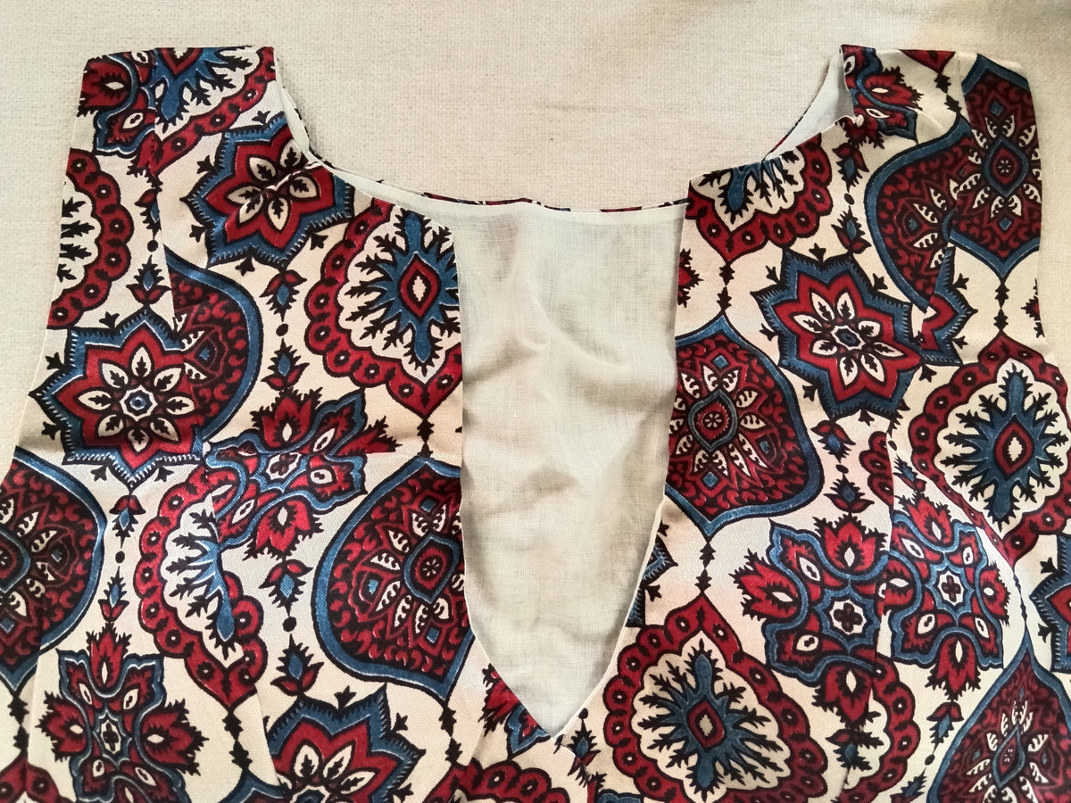 White Modal Silk Ajrakh-Print Sleeveless Blouse