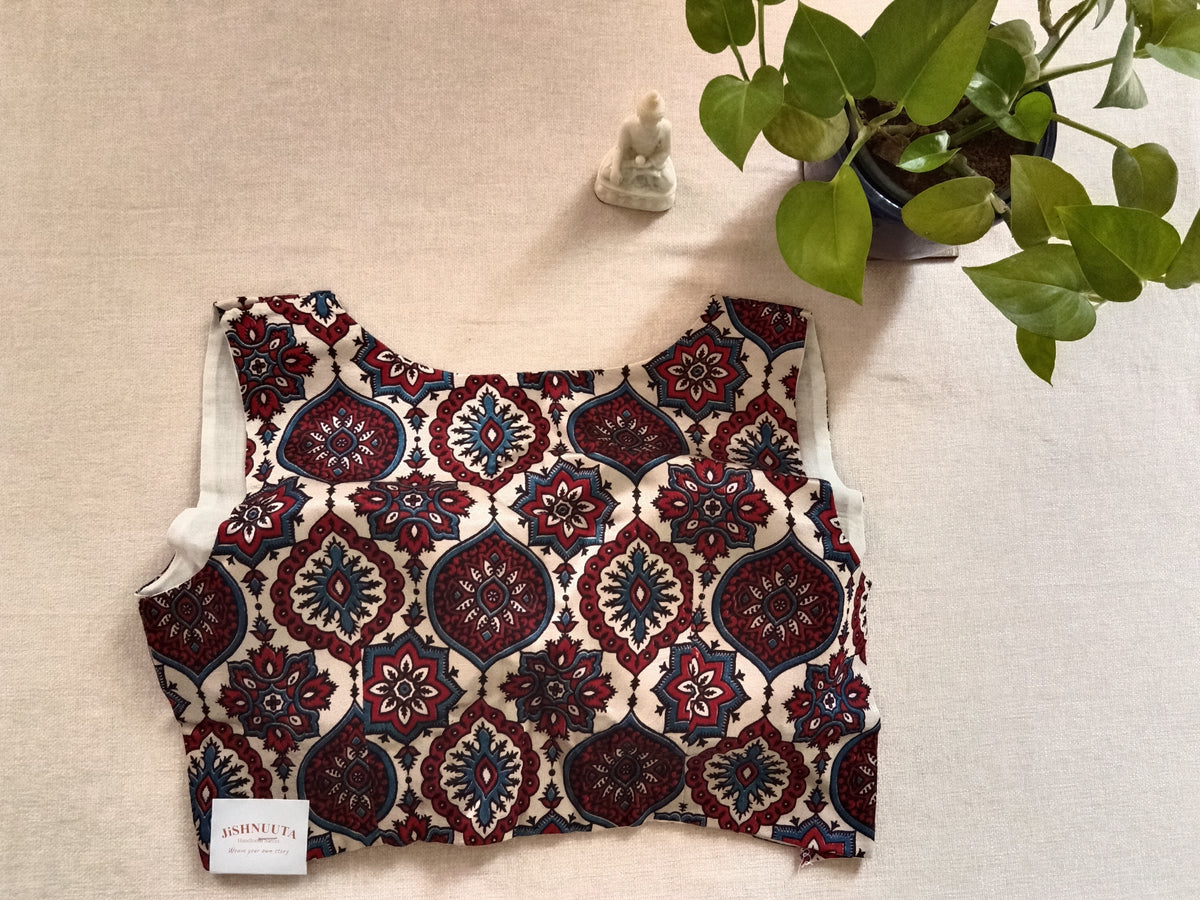 White Modal Silk Ajrakh-Print Sleeveless Blouse