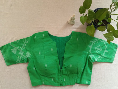 Banana Leaf Green Cotton Jamdani Blouse, Padded & Short-Sleeve
