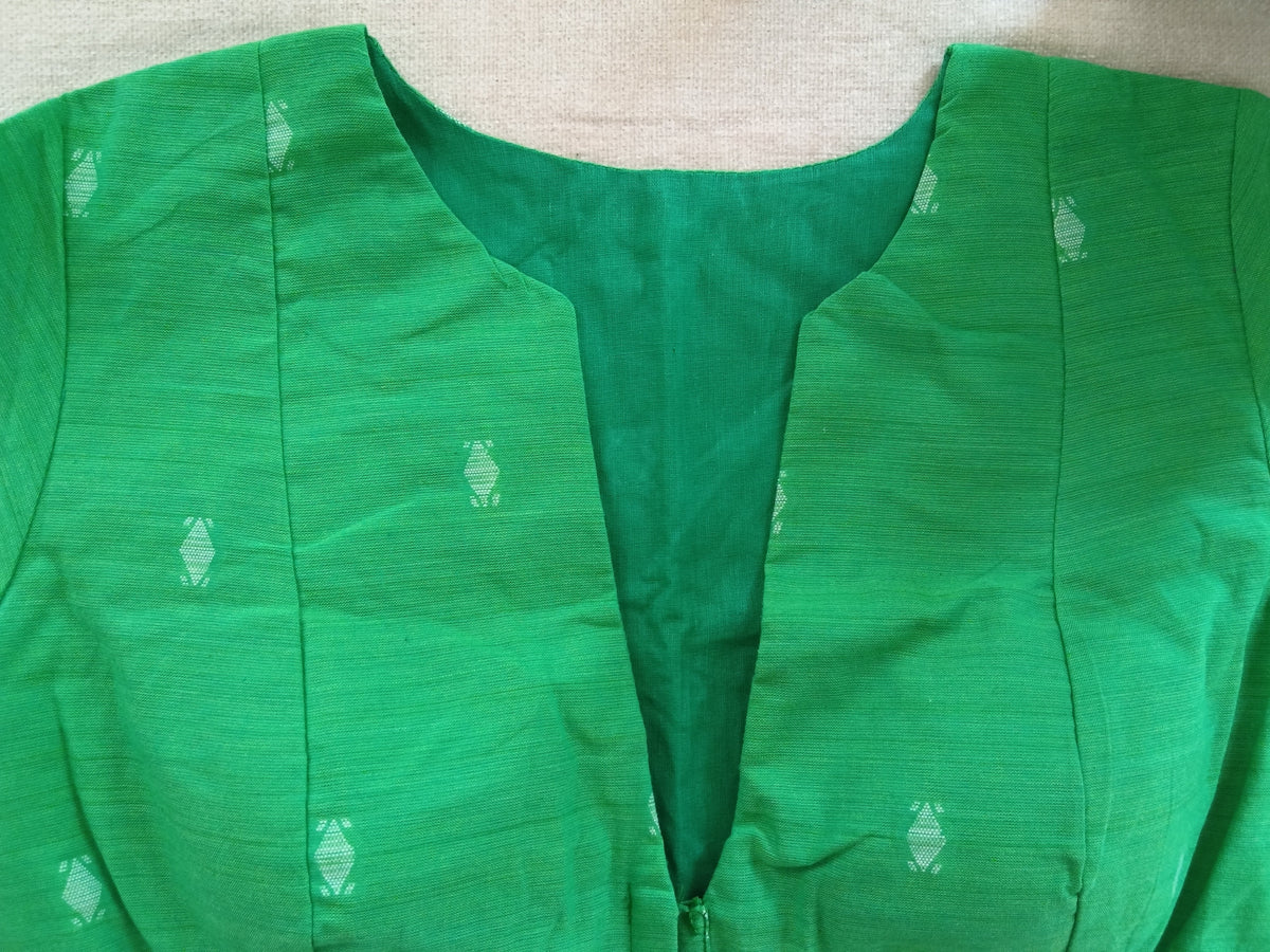 Banana Leaf Green Cotton Jamdani Blouse, Padded & Short-Sleeve