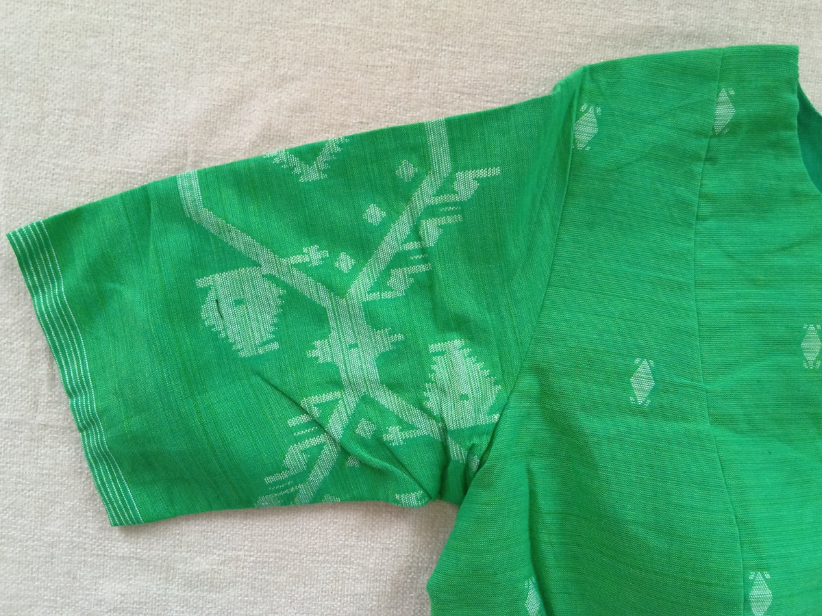 Banana Leaf Green Cotton Jamdani Blouse, Padded & Short-Sleeve