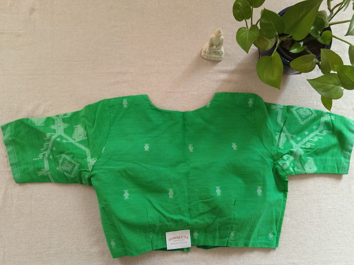 Banana Leaf Green Cotton Jamdani Blouse, Padded & Short-Sleeve
