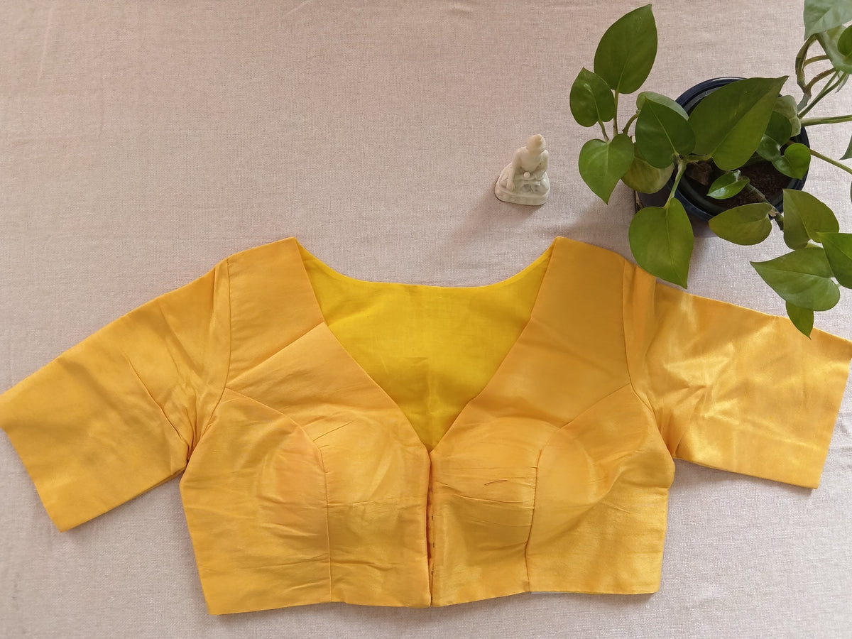 Light Yellow Raw Silk Padded Half-Sleeve Blouse