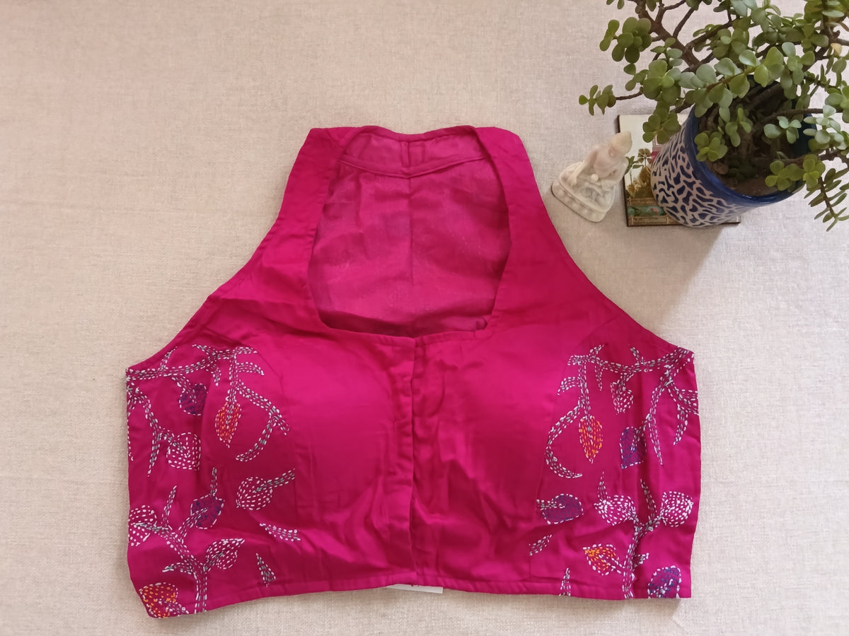Magenta Pink Kantha Stitch Padded Sleeveless Blouse