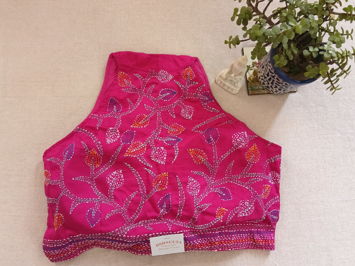 Magenta Pink Kantha Stitch Padded Sleeveless Blouse