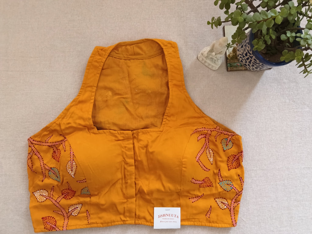 Mustard Yellow Cotton Kantha Padded Sleeveless Blouse