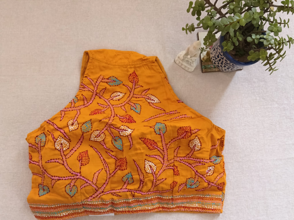 Mustard Yellow Cotton Kantha Padded Sleeveless Blouse