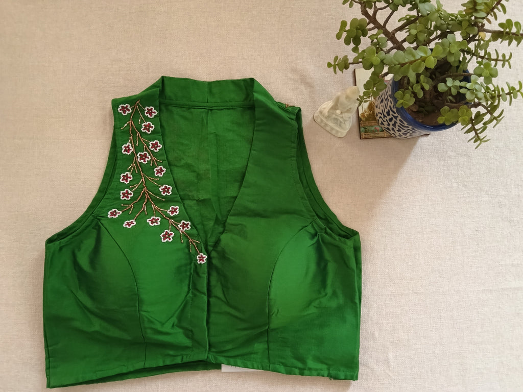 Green Silk Hand-Embroidered Beaded Sleeveless Blouse