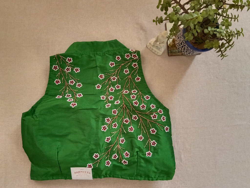 Green Silk Hand-Embroidered Beaded Sleeveless Blouse