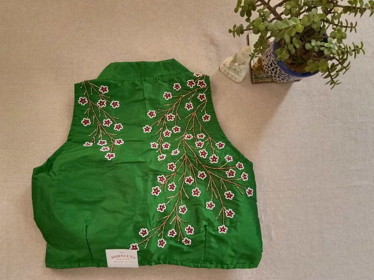Green Silk Hand-Embroidered Beaded Sleeveless Blouse