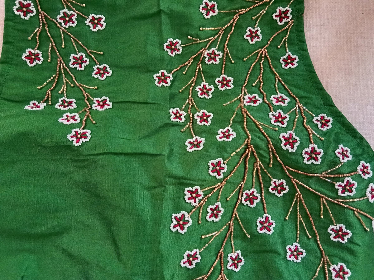 Green Silk Hand-Embroidered Beaded Sleeveless Blouse