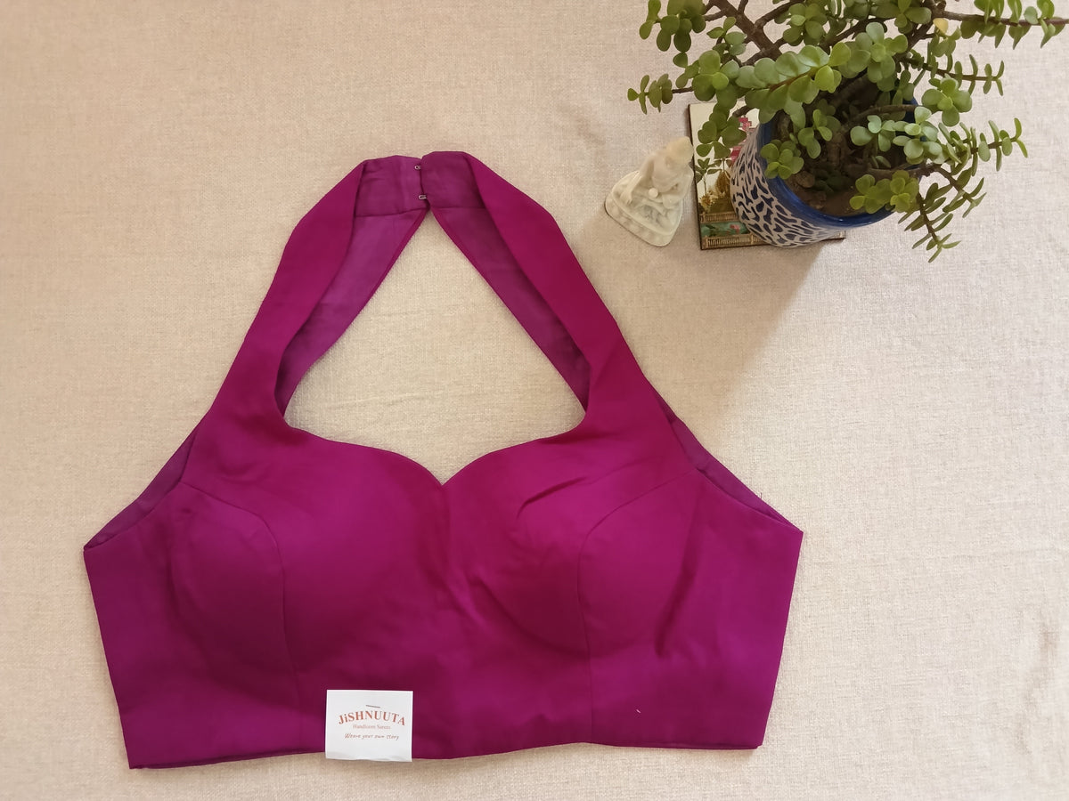 Dark Purple Raw Silk Plain Padded Sleeveless Blouse