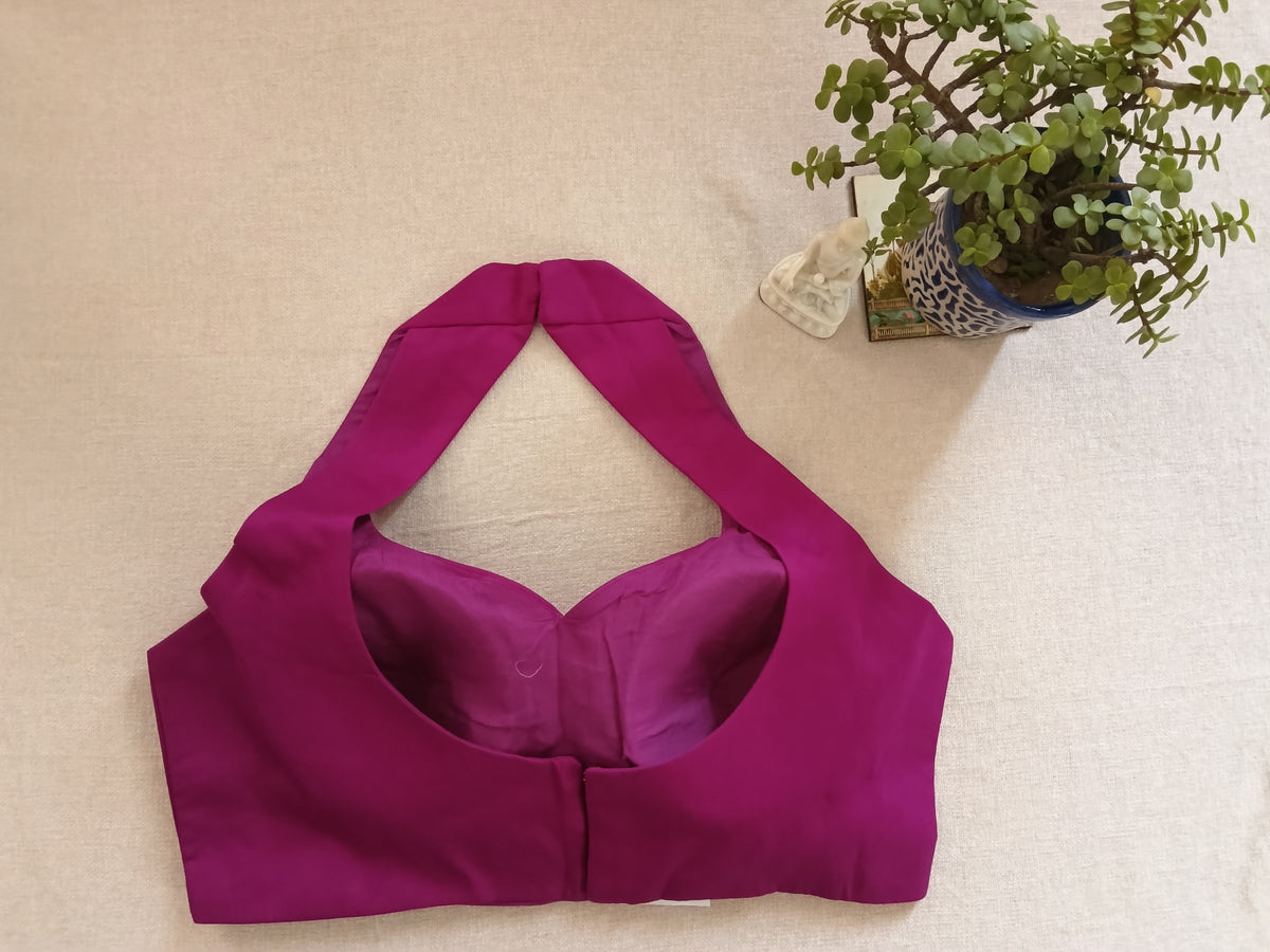 Dark Purple Raw Silk Plain Padded Sleeveless Blouse