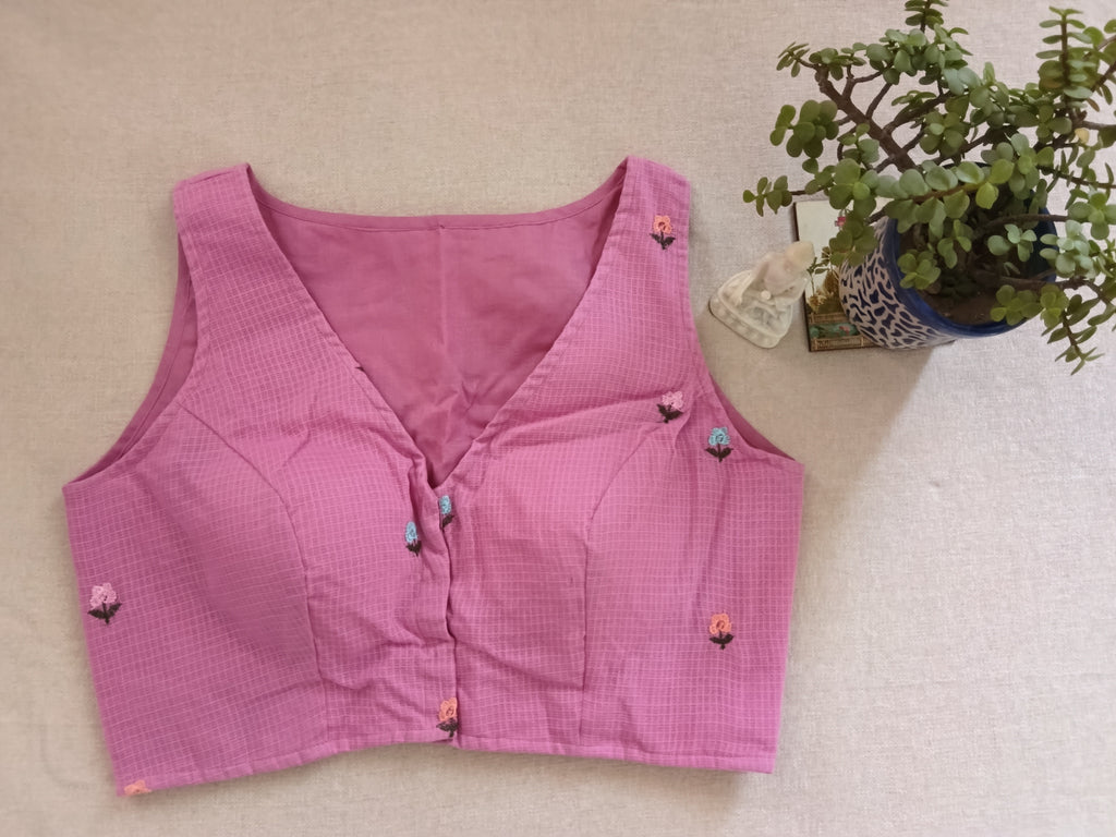 Onion Pink Cotton Hand-Embroidered Padded Sleeveless Blouse