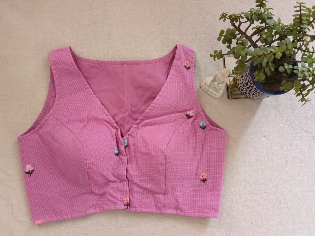 Onion Pink Cotton Hand-Embroidered Padded Sleeveless Blouse