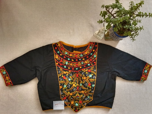 Black Cotton Embroidered Padded Half-Sleeve Blouse
