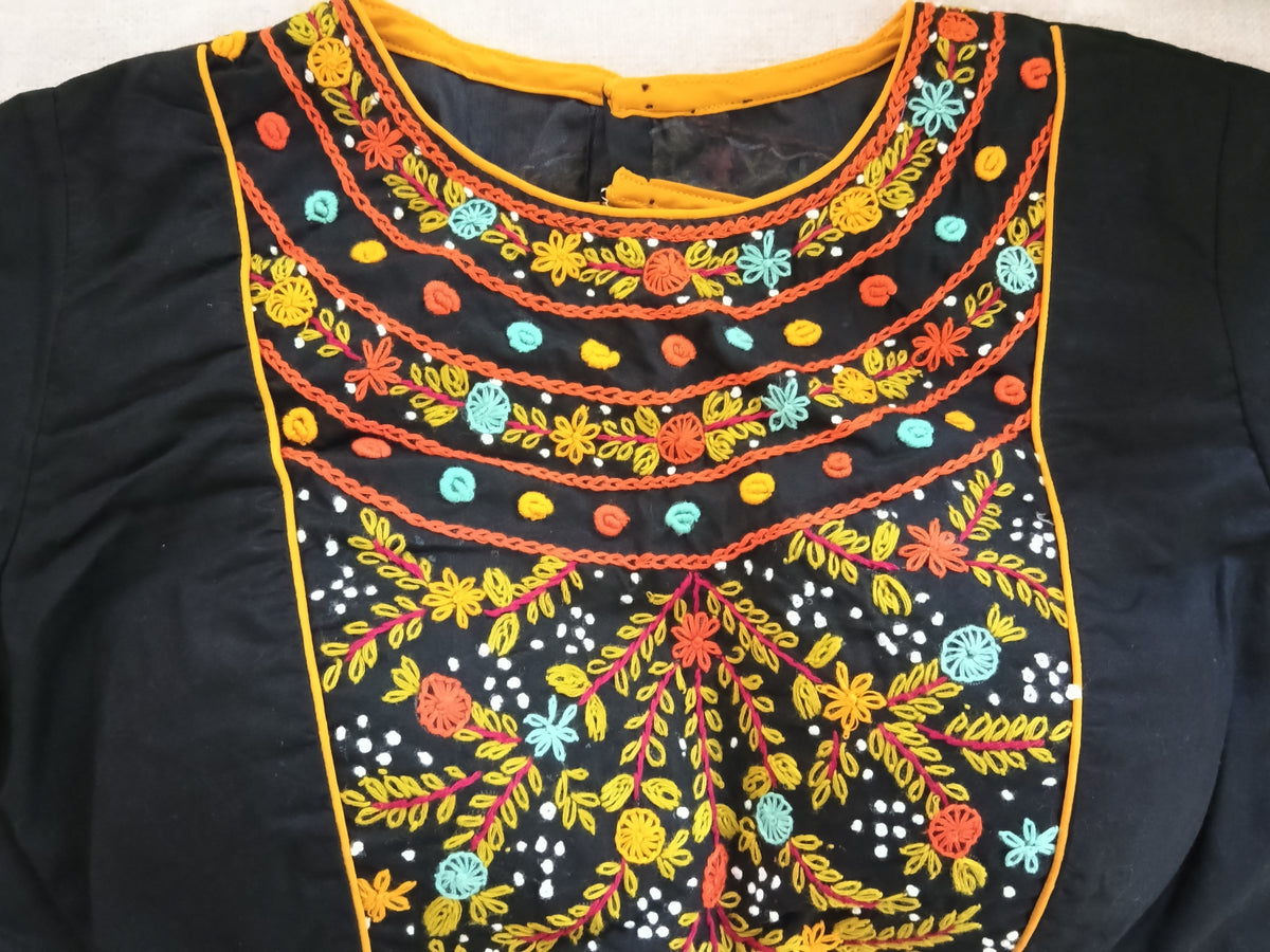 Black Cotton Embroidered Padded Half-Sleeve Blouse