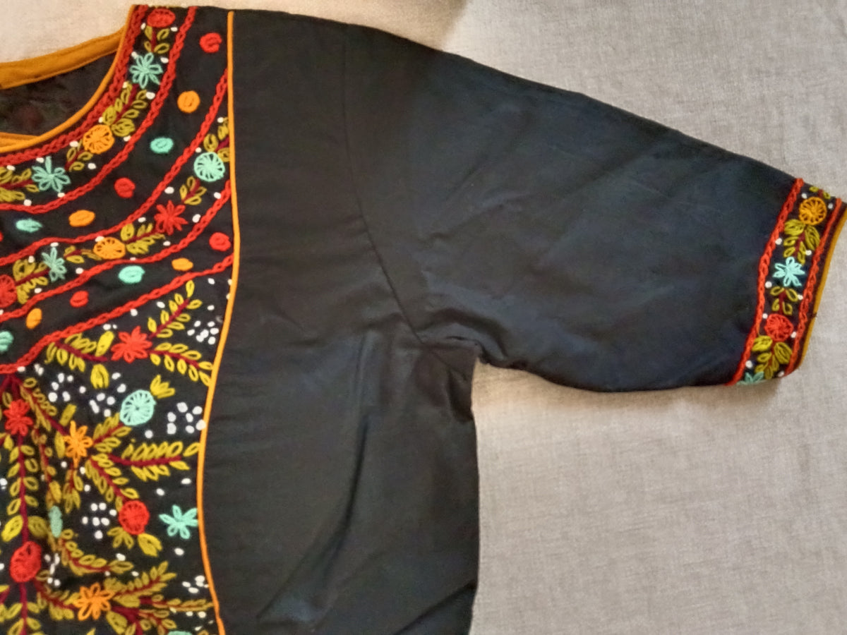 Black Cotton Embroidered Padded Half-Sleeve Blouse