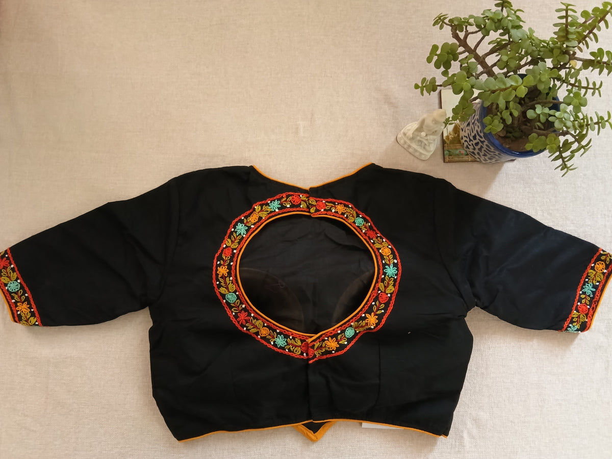 Black Cotton Embroidered Padded Half-Sleeve Blouse
