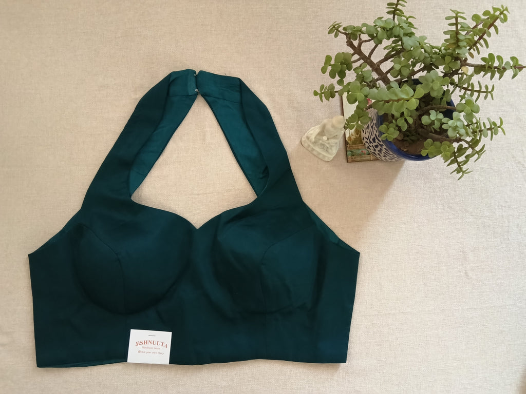 Padded Deep Teal Blue Raw Silk Sleeveless Blouse
