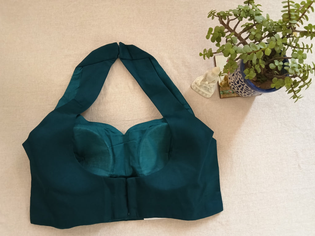 Padded Deep Teal Blue Raw Silk Sleeveless Blouse