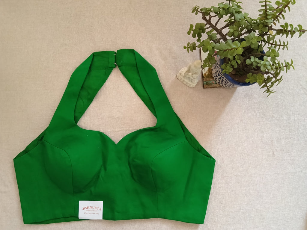 Emerald Green Raw Silk Plain Padded Sleeveless Blouse