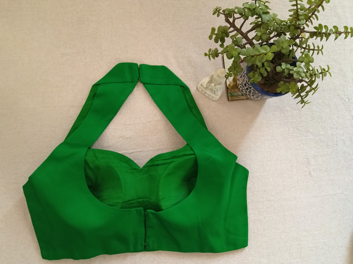 Emerald Green Raw Silk Plain Padded Sleeveless Blouse