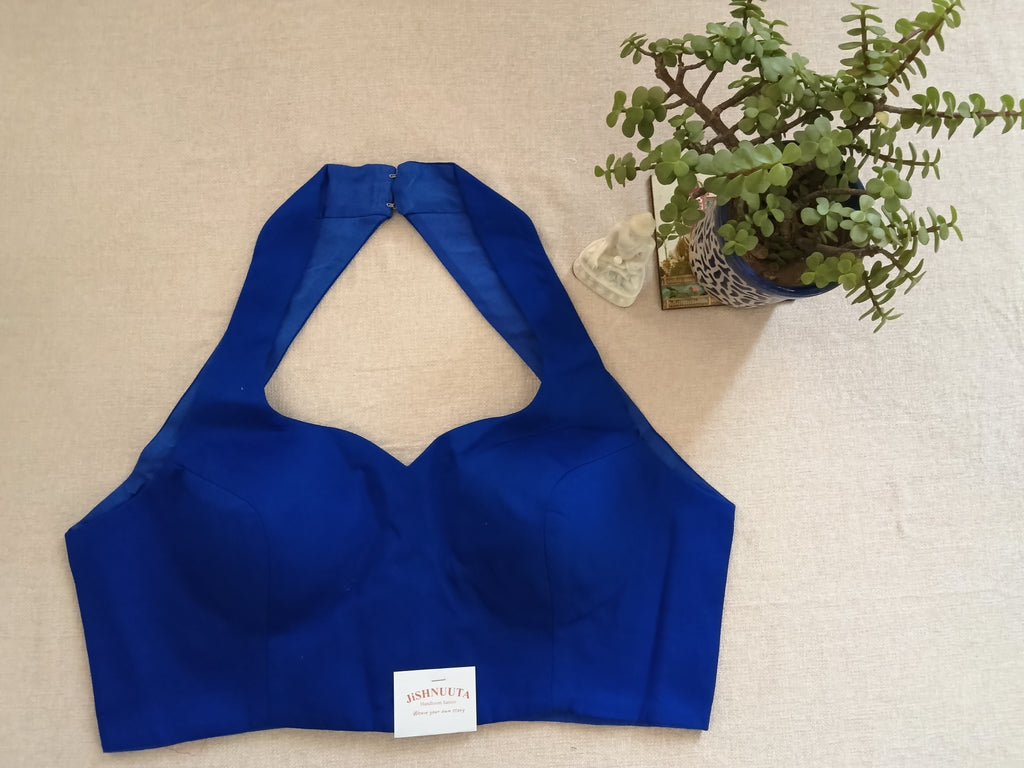 Royal Blue Raw Silk Padded Sleeveless Blouse