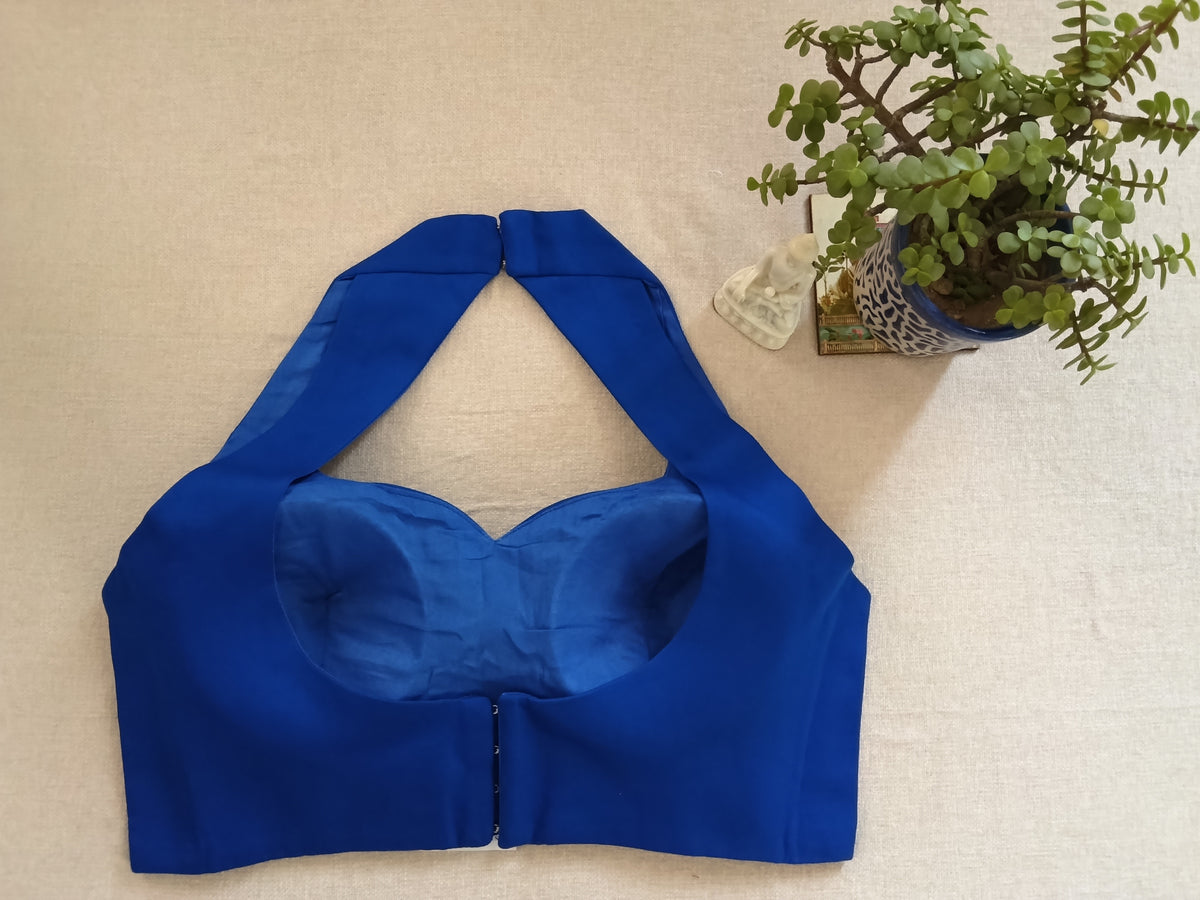 Royal Blue Raw Silk Padded Sleeveless Blouse