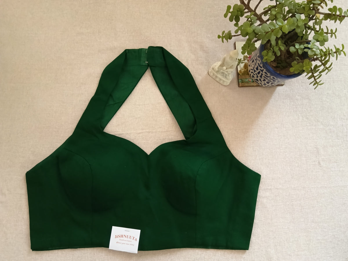 Dark Green Raw Silk Plain Padded Sleeveless Blouse