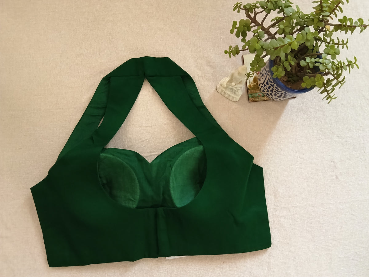 Dark Green Raw Silk Plain Padded Sleeveless Blouse