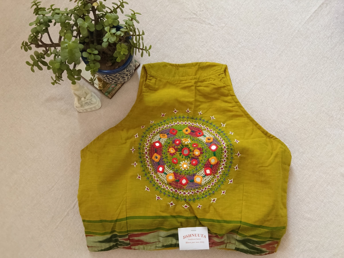 Mustard Olive Cotton Sleeveless Lambani Blouse