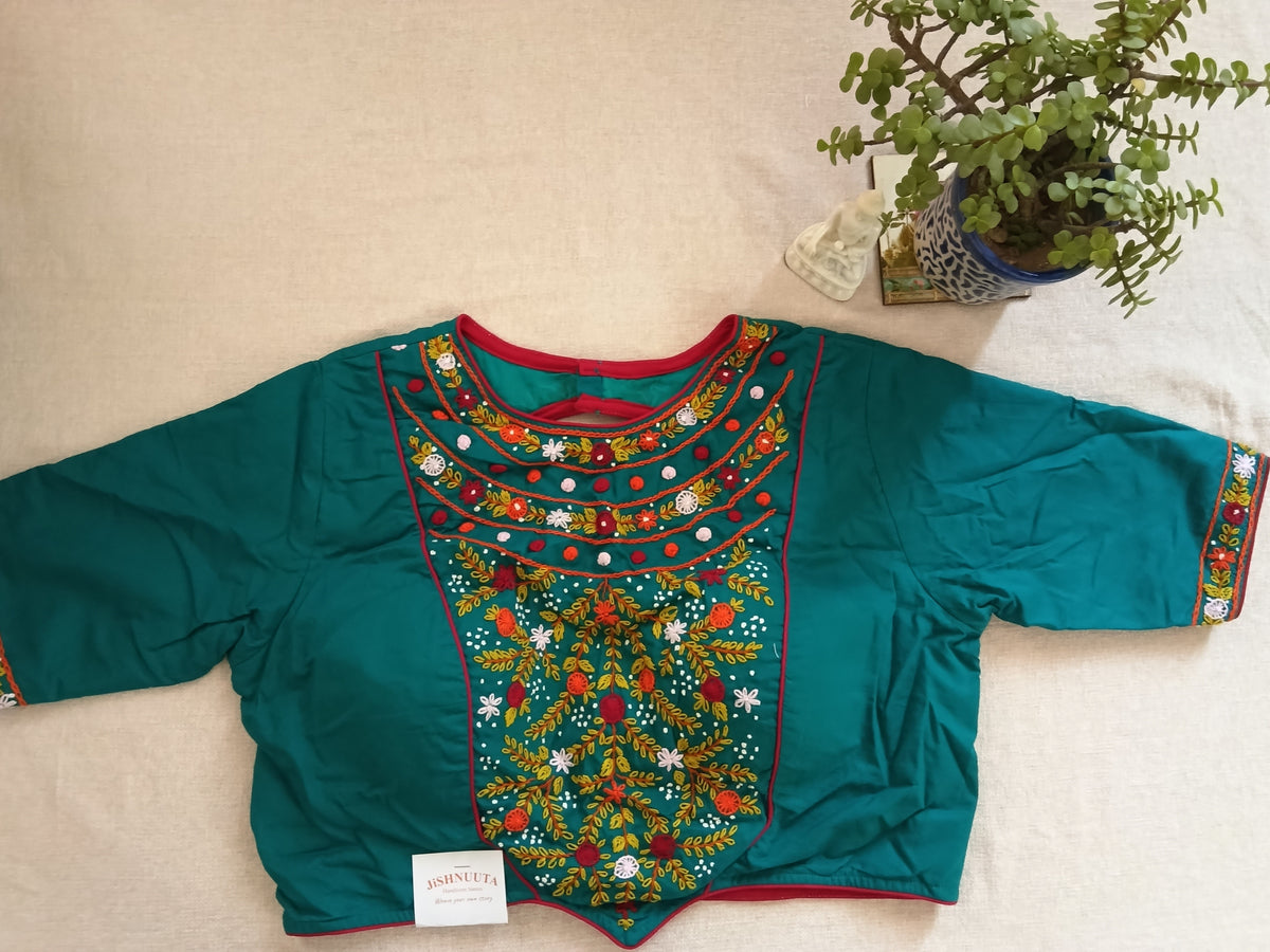Teal Blue Cotton Embroidered Padded Half-Sleeve Blouse