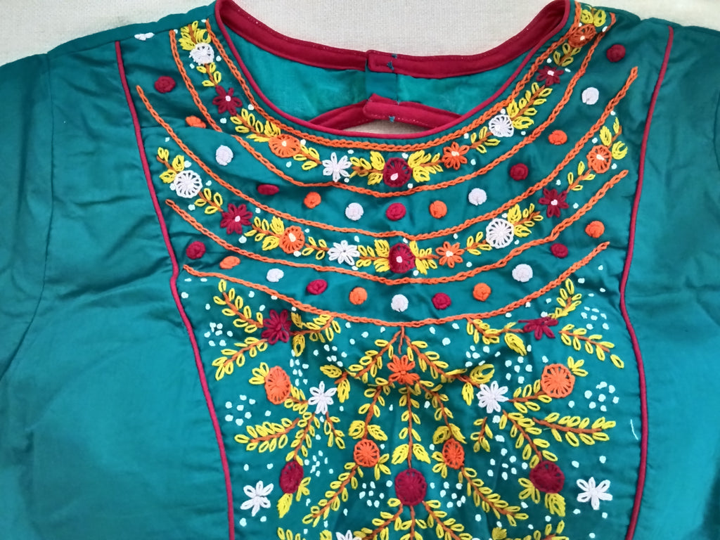 Teal Blue Cotton Embroidered Padded Half-Sleeve Blouse