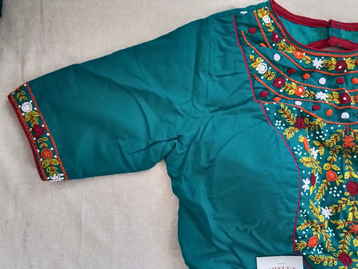 Teal Blue Cotton Embroidered Padded Half-Sleeve Blouse