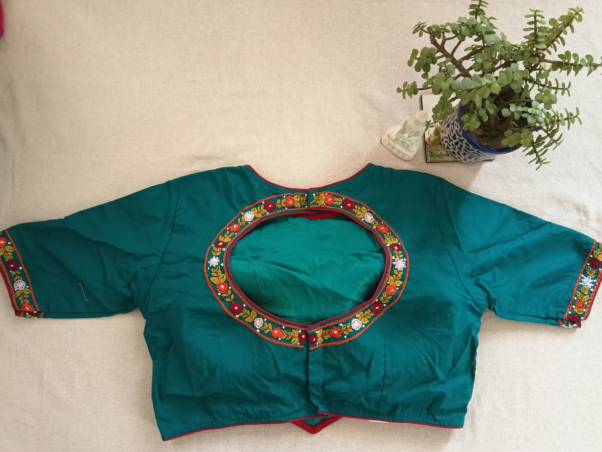 Teal Blue Cotton Embroidered Padded Half-Sleeve Blouse