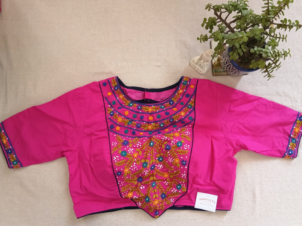 Magenta Pink Cotton Embroidered Padded Half-Sleeve Blouse