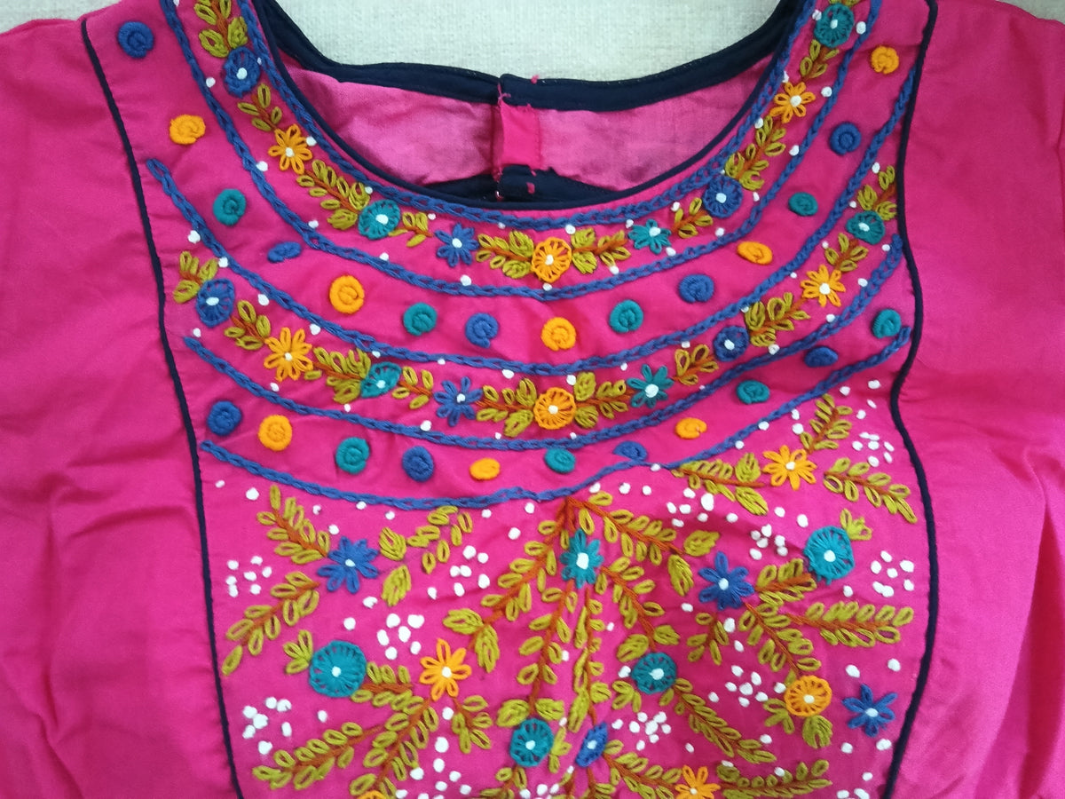 Magenta Pink Cotton Embroidered Padded Half-Sleeve Blouse