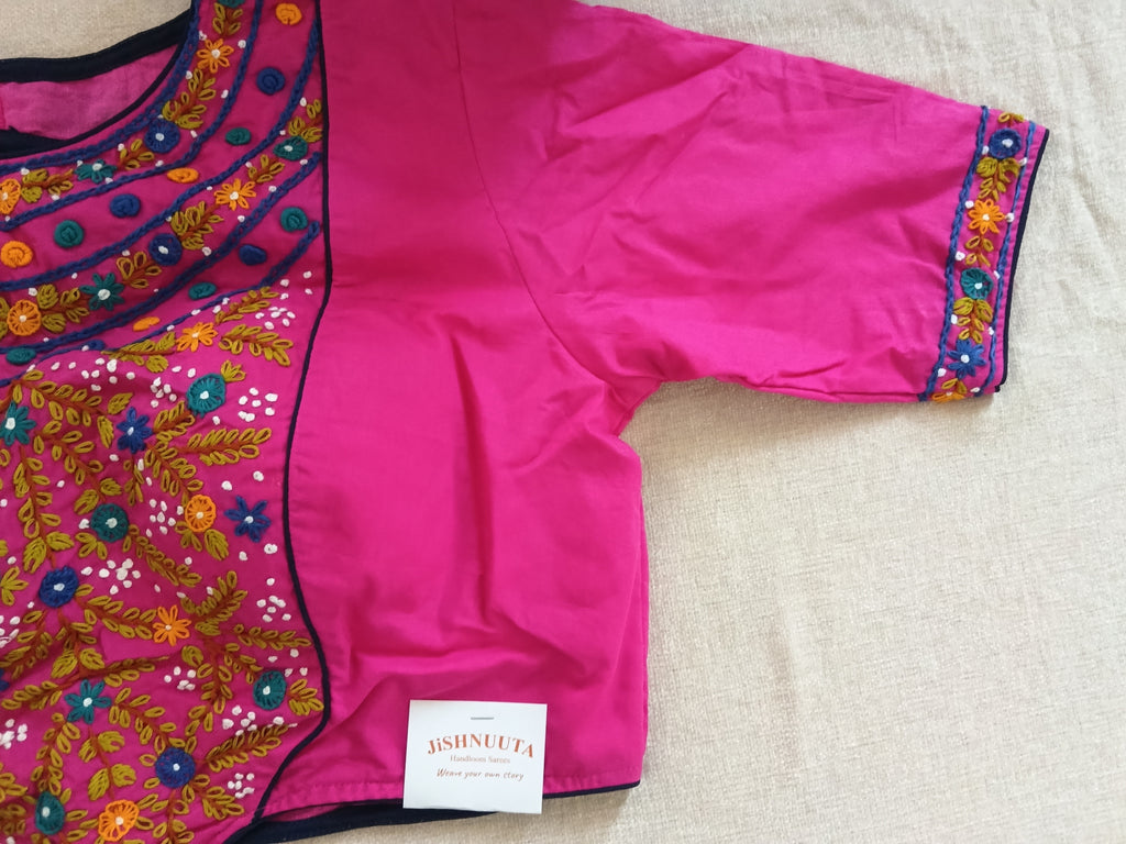 Magenta Pink Cotton Embroidered Padded Half-Sleeve Blouse
