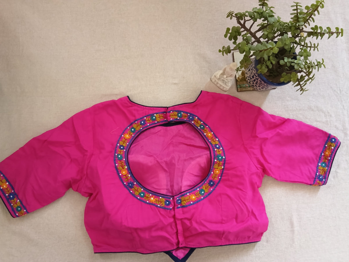 Magenta Pink Cotton Embroidered Padded Half-Sleeve Blouse