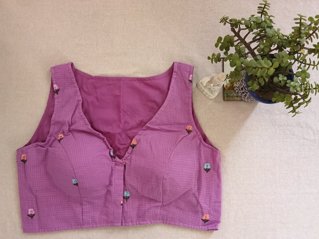 Dusty Mauve Cotton Hand Embroidered V-Neck Sleeveless Blouse