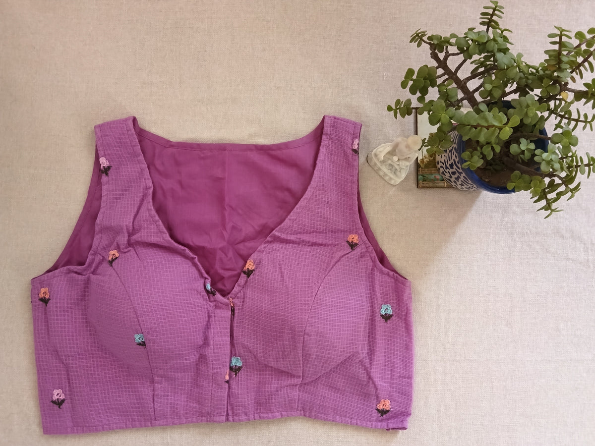 Dusty Mauve Cotton Hand Embroidered V-Neck Sleeveless Blouse
