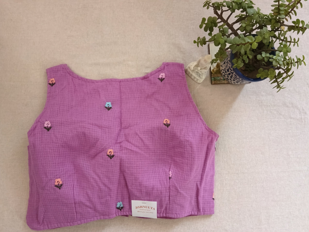 Dusty Mauve Cotton Hand Embroidered V-Neck Sleeveless Blouse