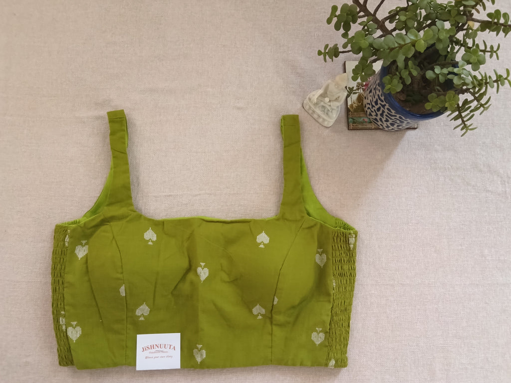 Banana Leaf Green Cotton Jamdani Stretchable Sleeveless Blouse