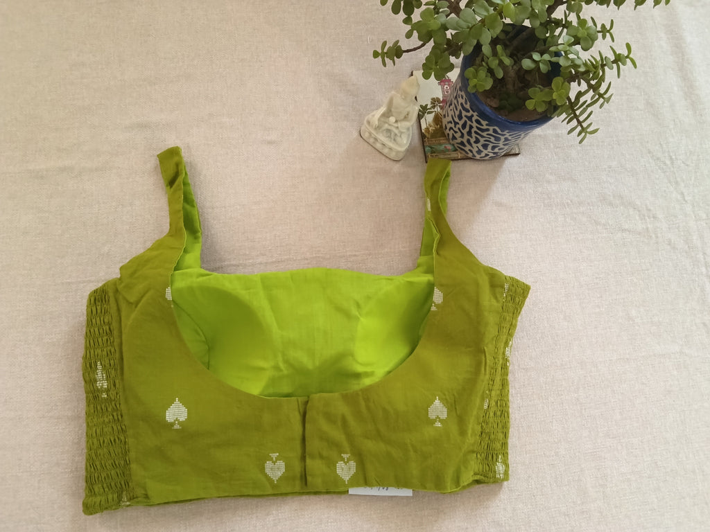 Banana Leaf Green Cotton Jamdani Stretchable Sleeveless Blouse