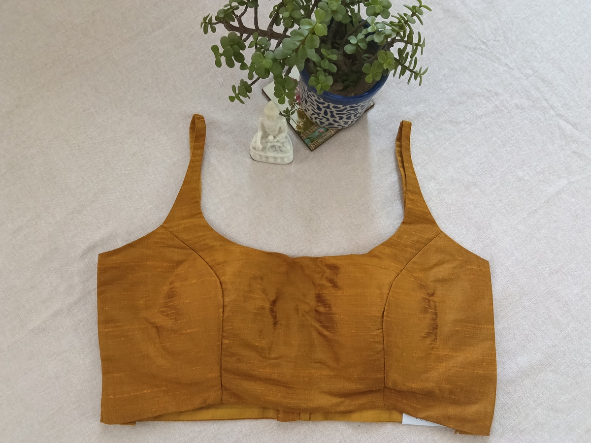 Mustard Yellow Padded Raw Silk Sleeveless Blouse