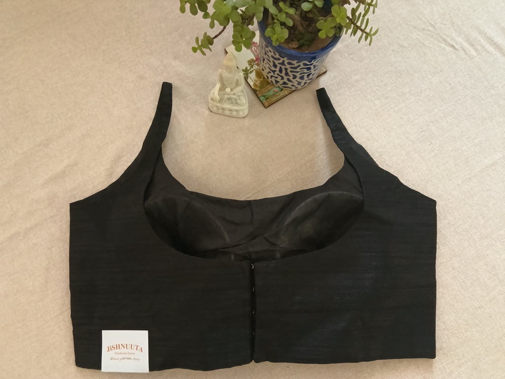 Black Raw Silk Sleeveless Padded Blouse